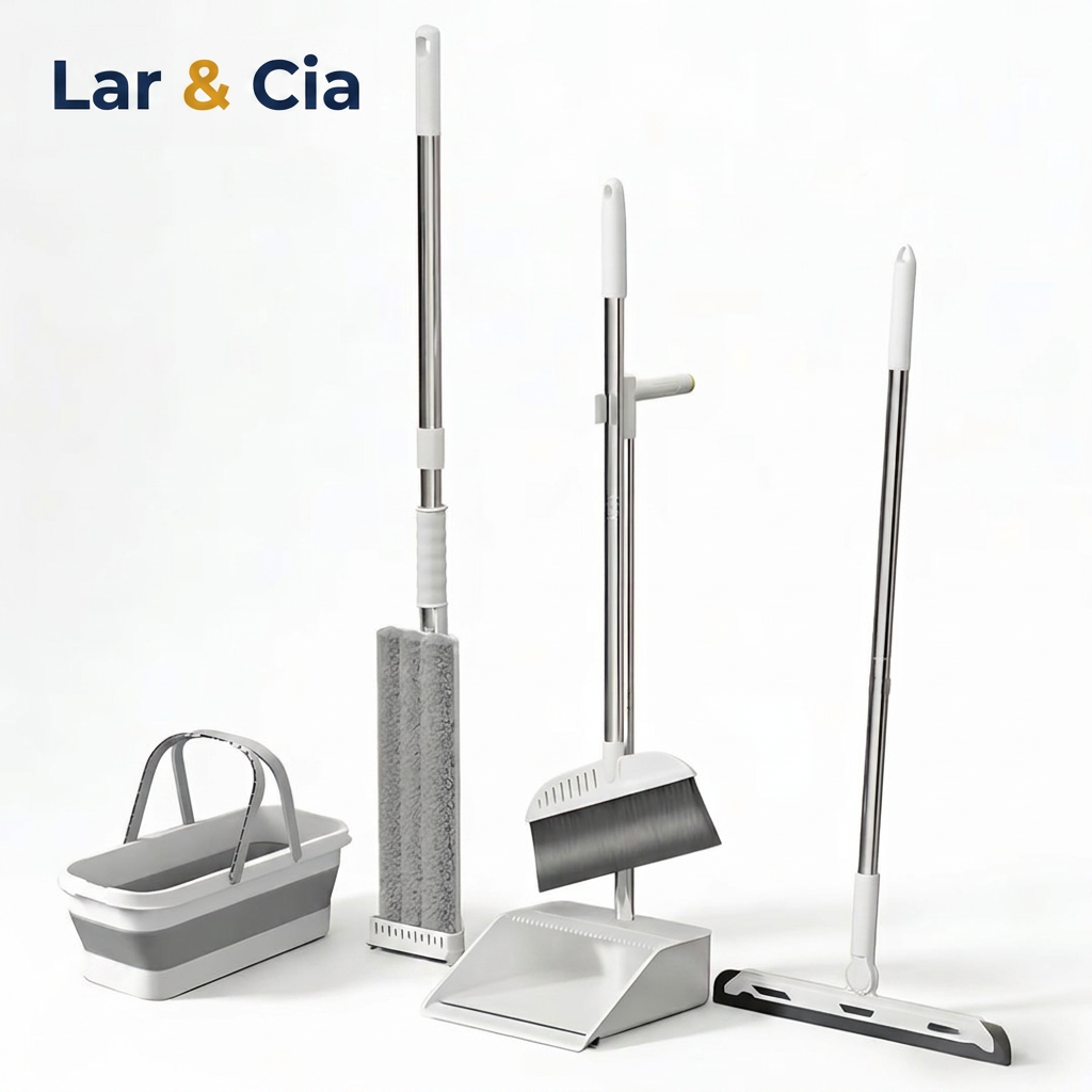 Kit de limpeza completo com mop plano, vassoura, pá, rodo de silicone e balde dobrável